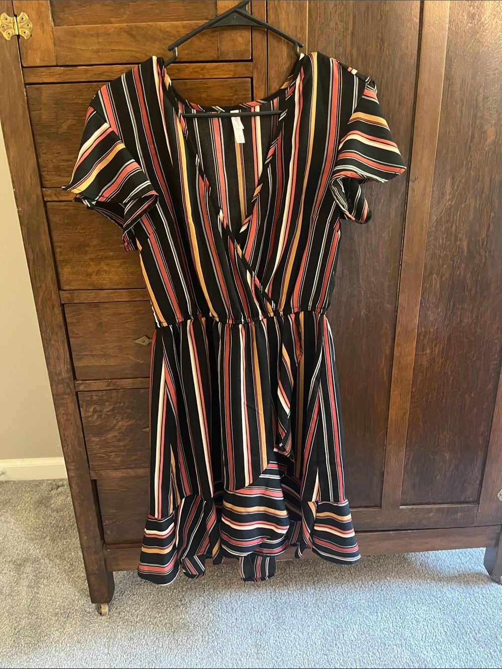 Xhilaration Black Striped Wrap Mini Dress with Red, Pink & Yellow Accents